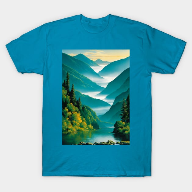 Lake with a Misty Valley In the Background T-Shirt by CursedContent